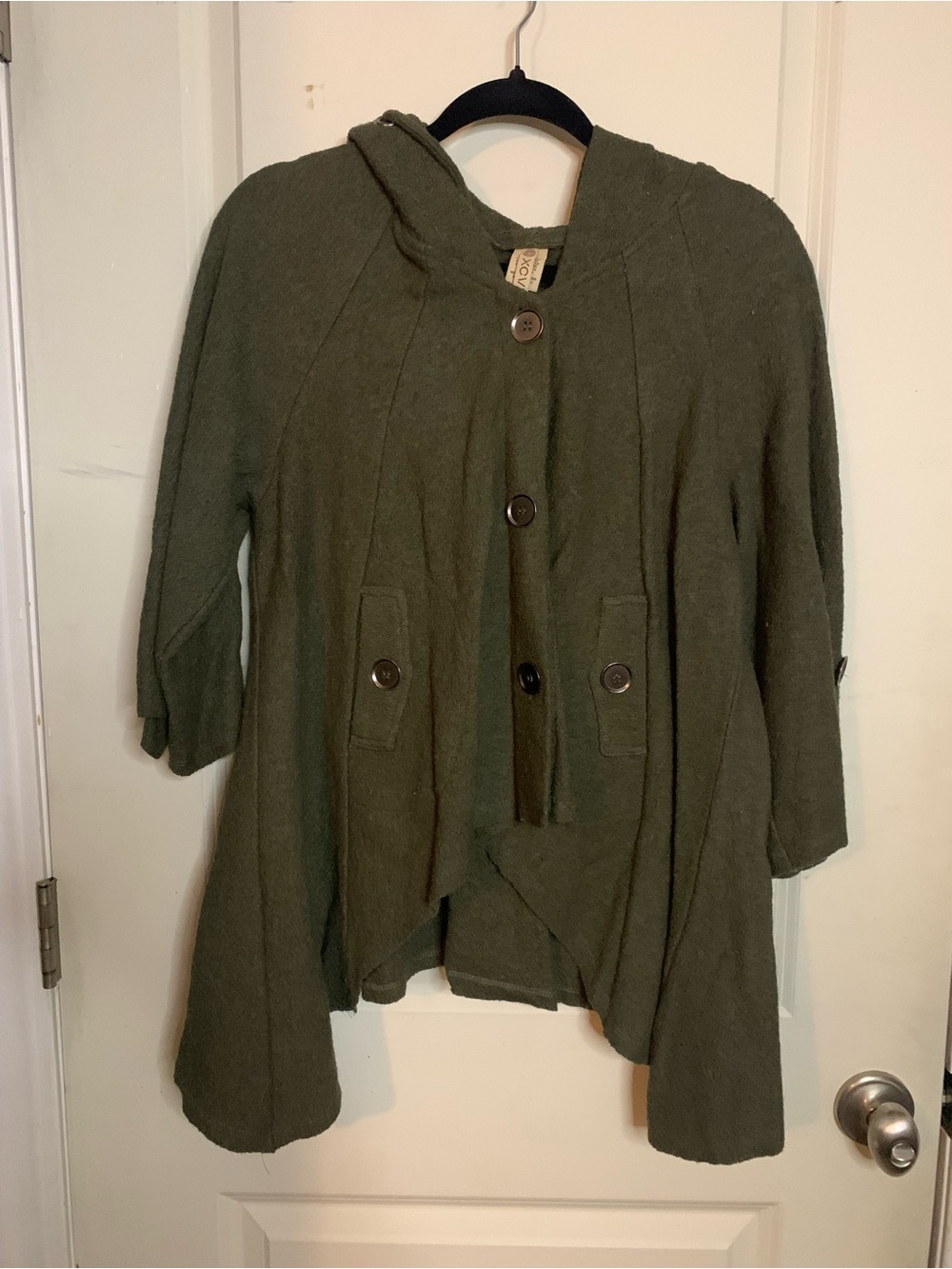 XCVI Cozy Wool Hooded Olive Green Women's Sweater Cardigan Swing Jacket